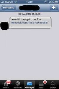iPhone screenshot of a spam Twitter direct message: 'how did they get u on film'