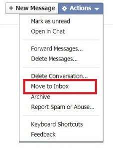 Facebook message Actions menu with 'Move to Inbox' highlighted