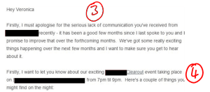 Opening paragraph of a sales email with the sender's details blacked out