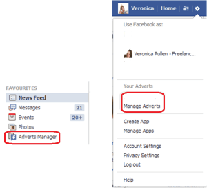Facebook left menu with 'Manage Adverts' circled in red