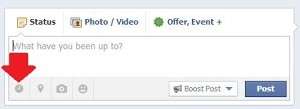 Facebook status box with a red arrow pointing to the post scheduling option