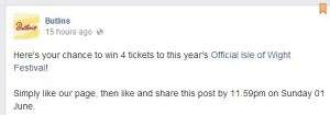 Screenshot of a Butlins Facebook post asking fans to like and share to win