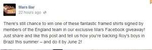 Screenshot of a Mars Bar Facebook post offering a like-and-share England shirt giveaway