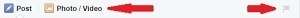 Facebook post box with a red arrow pointing to the 'post as' flag icon