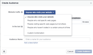 Facebook 'Create Audience' form with the website traffic option highlighted