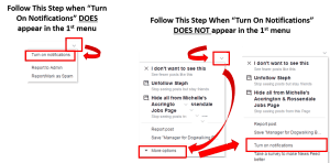 Screenshot showing how to turn on notifications for a Facebook post without commenting