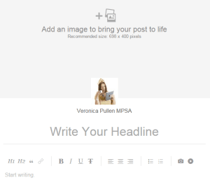 LinkedIn Pulse article editor with 'Write Your Headline' placeholder