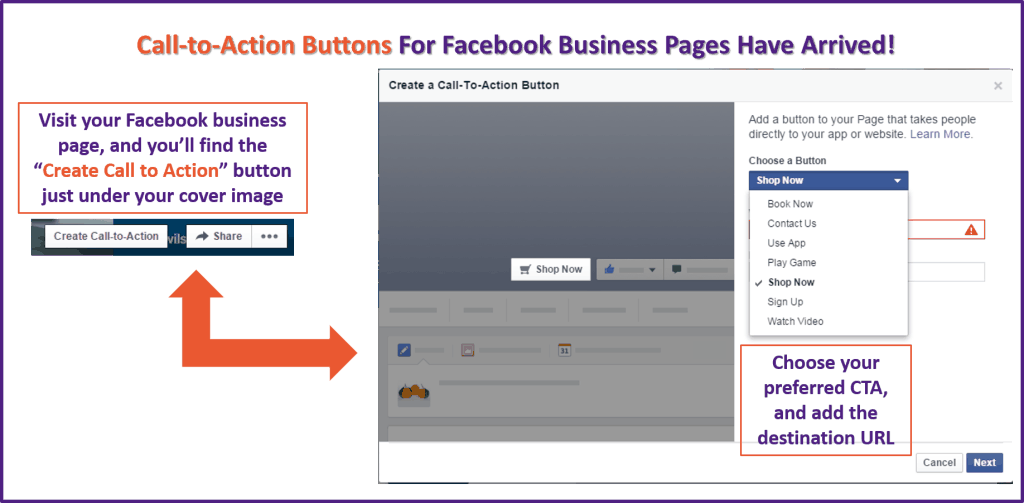 Screenshot of Facebook's call to action button options with a red arrow