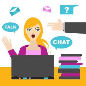 Cartoon woman at a laptop with 'Talk' and 'Chat' speech bubbles