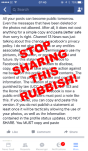 Facebook privacy hoax status with a red 'Stop Sharing This Rubbish!' stamp