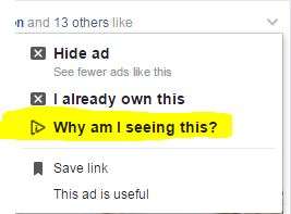 Facebook ad options showing 'Hide ad' and 'Why am I seeing this?'