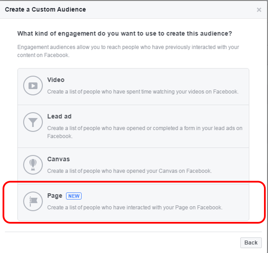 Facebook engagement custom audience screen with 'Page' option highlighted