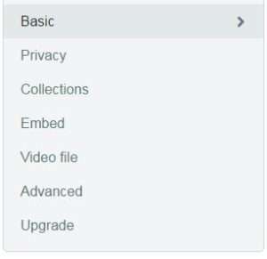 Vimeo video settings menu with Basic, Privacy, Collections and Embed tabs