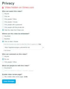 Vimeo privacy settings with 'Hide this video from Vimeo.com' selected