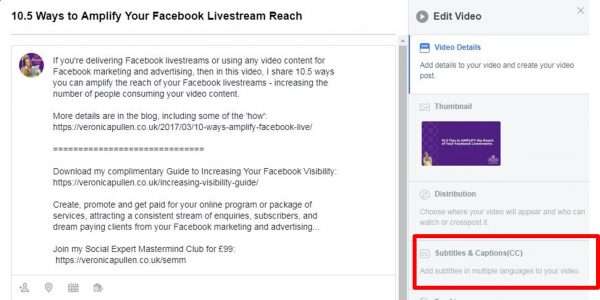 Facebook page video edit screen with the Captions tab circled
