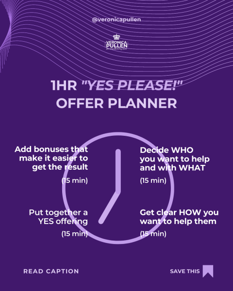 Graphic: '1hr Yes Please! offer planner' with a clock and prompts