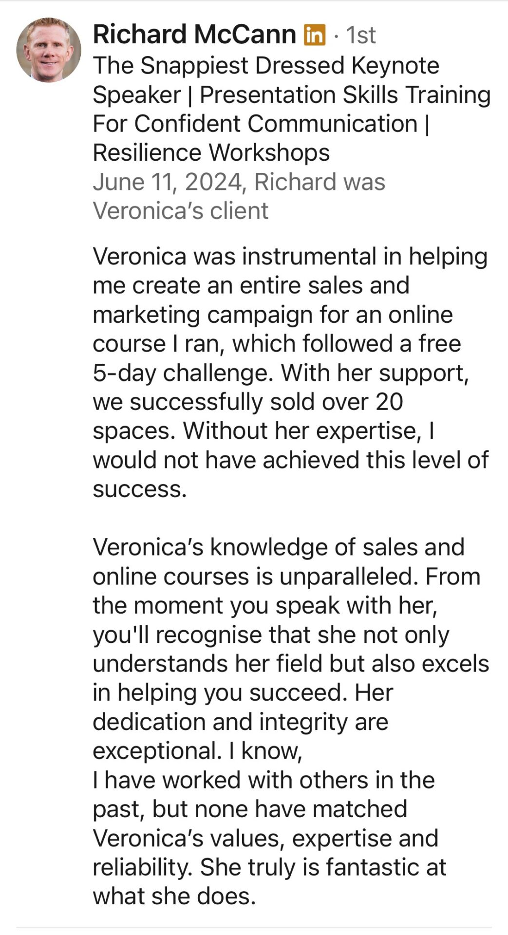Richard McCann LinkedIn Testimonial