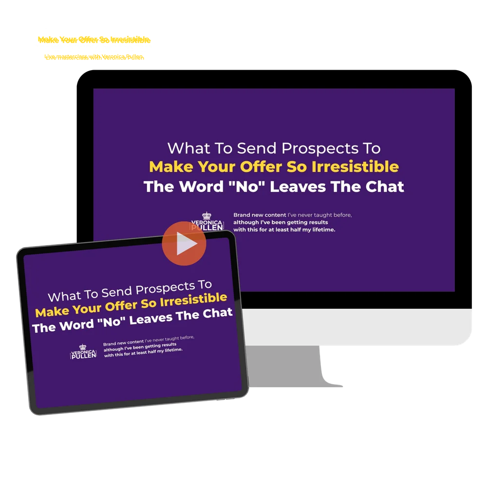 Laptop and phone mock-up of the guide 'What to send prospects to make your offer so irresistible the word no leaves the chat'