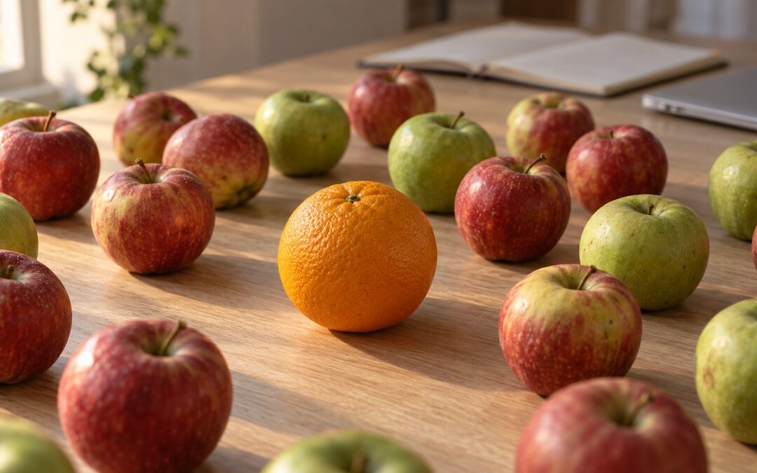 One orange standing out in a crowd of red and green apples on a wooden desk
